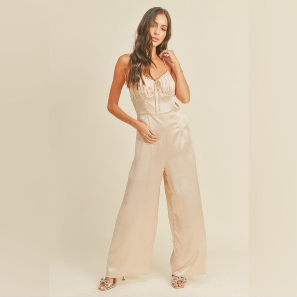 Blush Champagne Satin Jumpsuit with Wide-Leg Silhouette and V-Neck